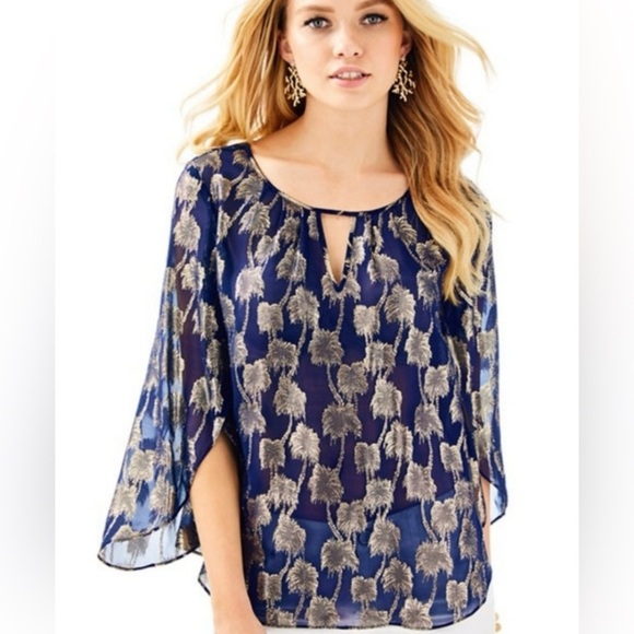 Lilly Pulitzer Tops - LILLY PULITZER Sheer BECCER Silk Navy blouse with Gold palm tree design size M